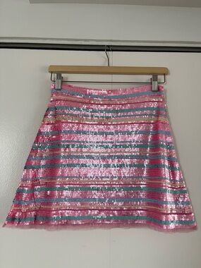 LoveShackFancy Pink Sequin Stripe A-Line Mini Skirt